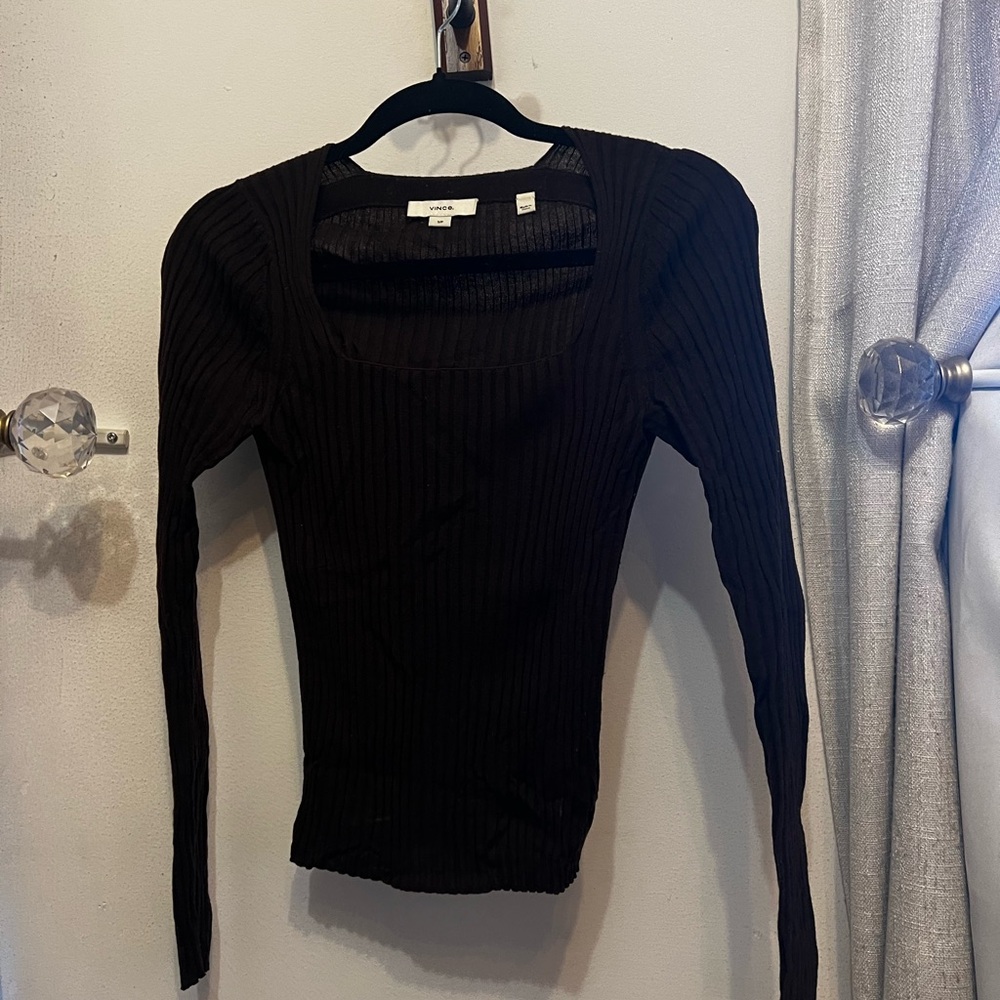 Vince Will Ribbed Long Sleeve Square Neck Top - chocolate brown